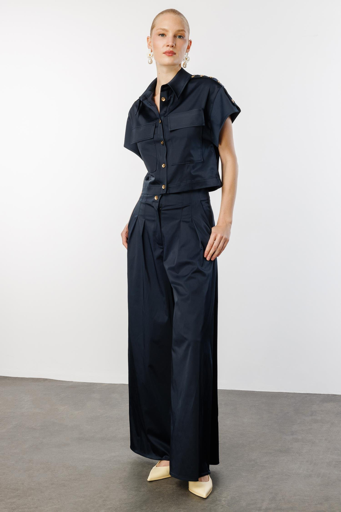 Omuz Düğme Detaylı Ceket & Pantolon 2'li Takım LACİVERT