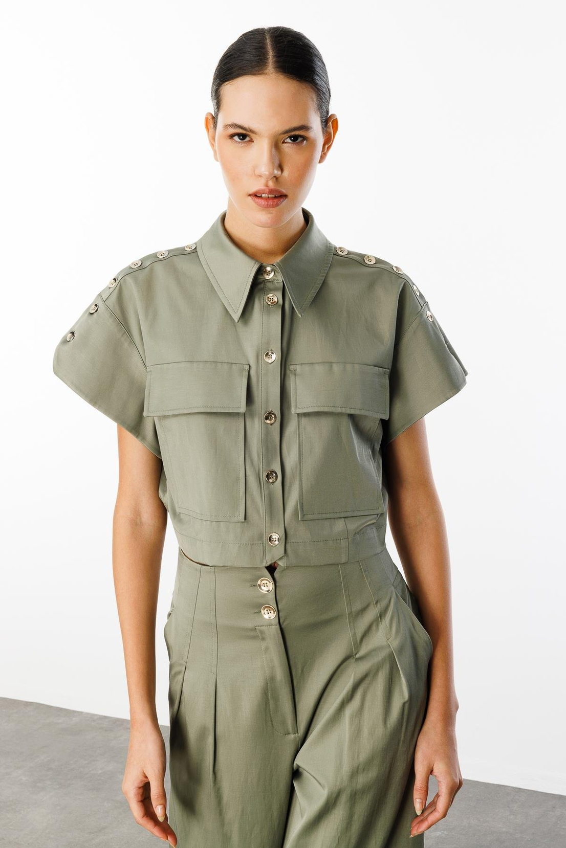 Omuz Düğme Detaylı Ceket & Pantolon 2'li Takım HAKİ