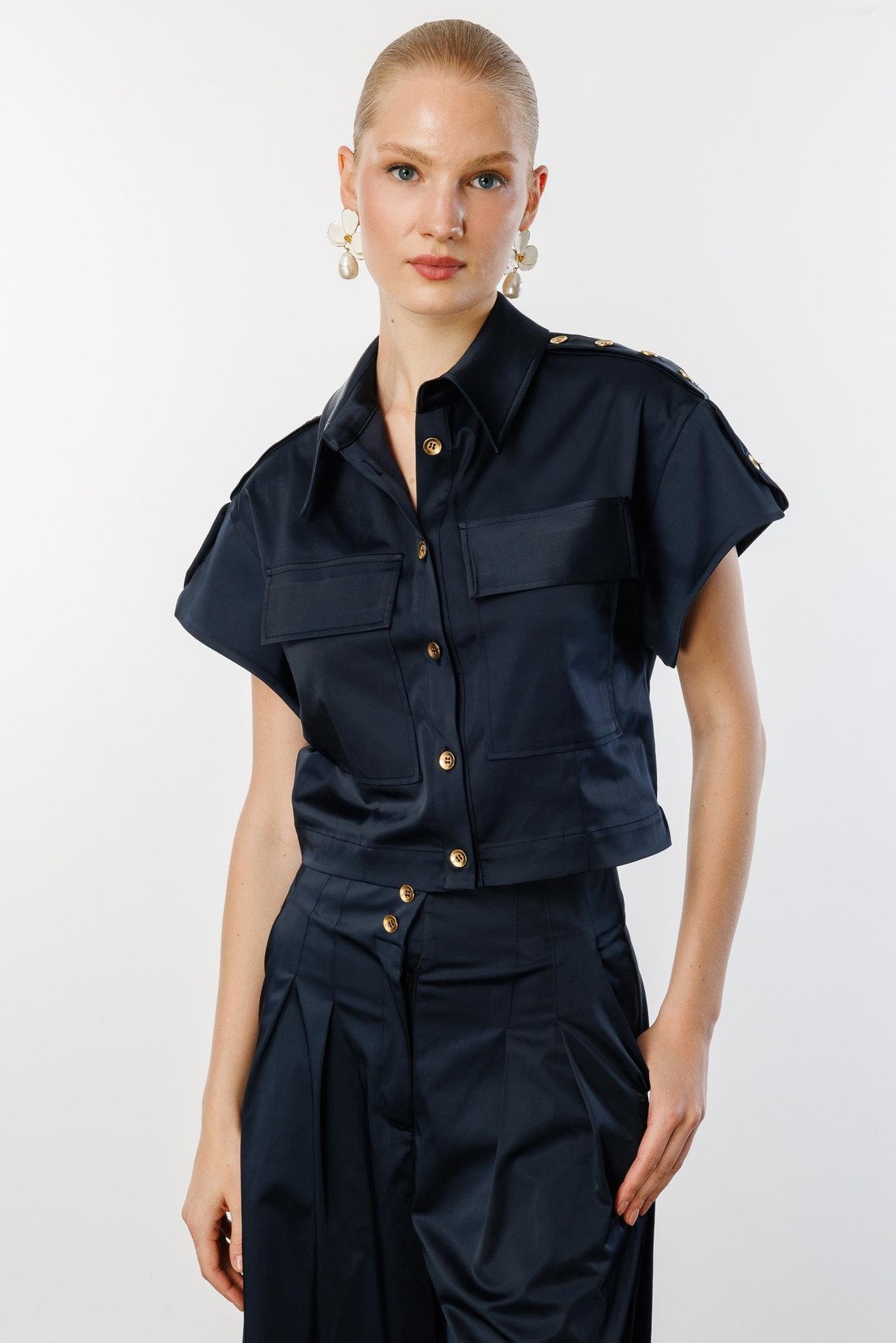 Omuz Düğme Detaylı Ceket & Pantolon 2'li Takım LACİVERT