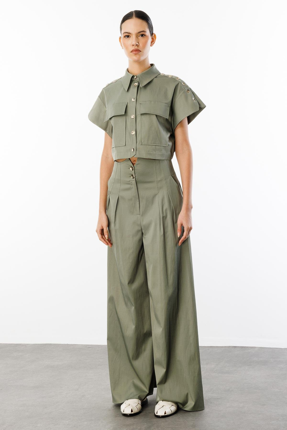 Omuz Düğme Detaylı Ceket & Pantolon 2'li Takım HAKİ