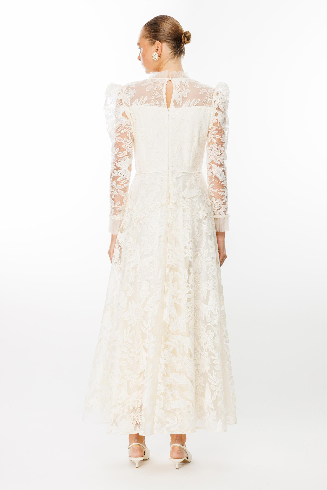 Omuz İşleme Detaylı Dantel Elbise BEYAZ