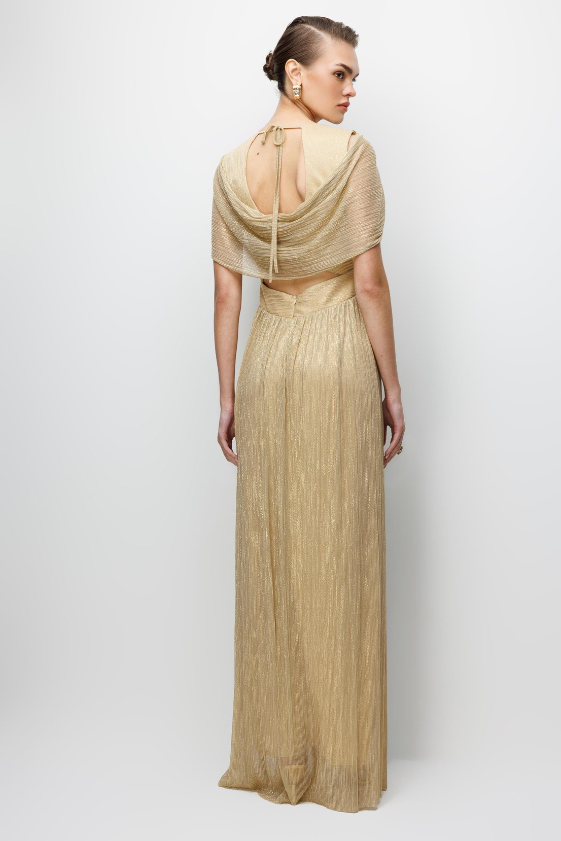 Omuz Pelerin Detaylı Maxi Boy Elbise GOLD