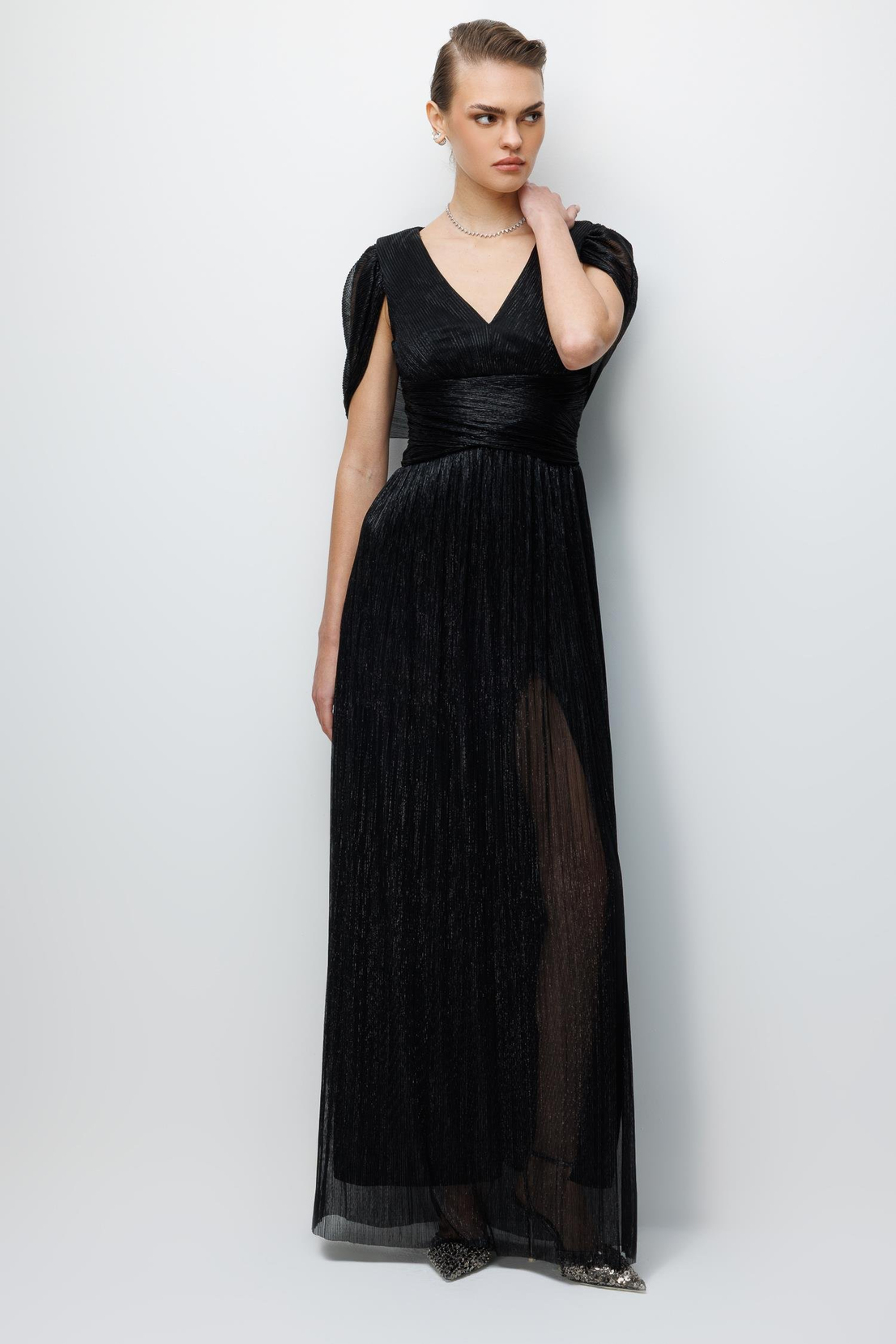 Omuz Pelerin Detaylı Maxi Boy Elbise SİYAH