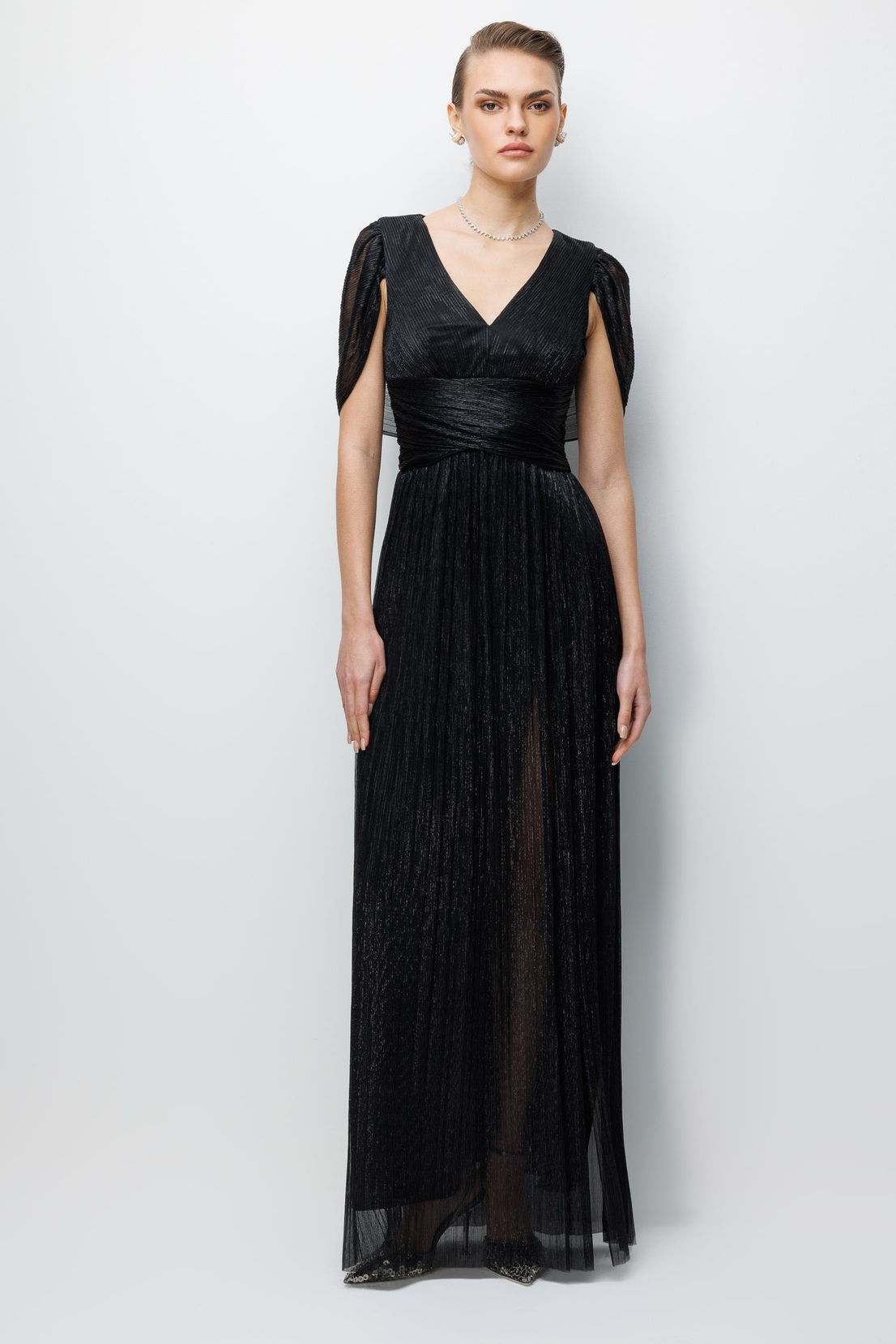 Omuz Pelerin Detaylı Maxi Boy Elbise SİYAH