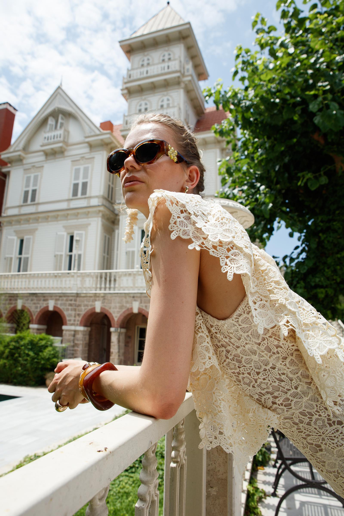 Maxi Lace Jumpsuit with Ruffle Shoulder LIGHT BEIGE
