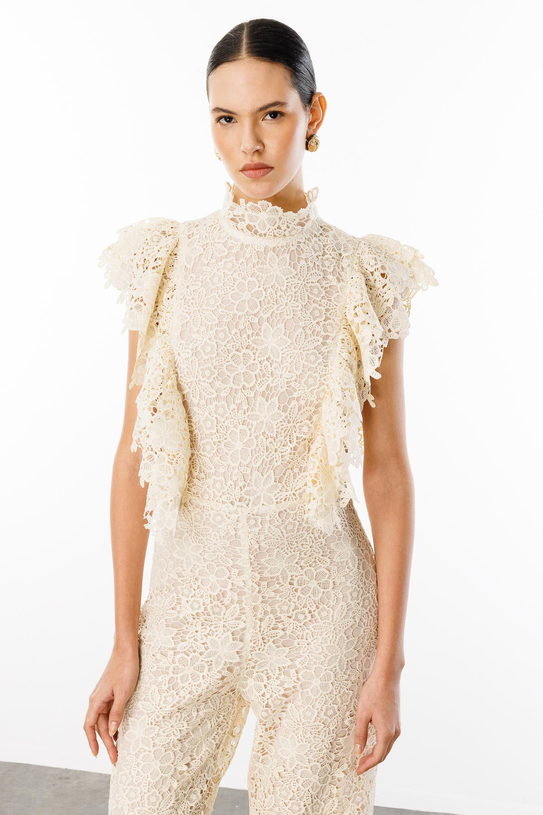 Omuzdan Fırfırlı  Maxi Boy Dantel  Tulum AÇIK BEJ