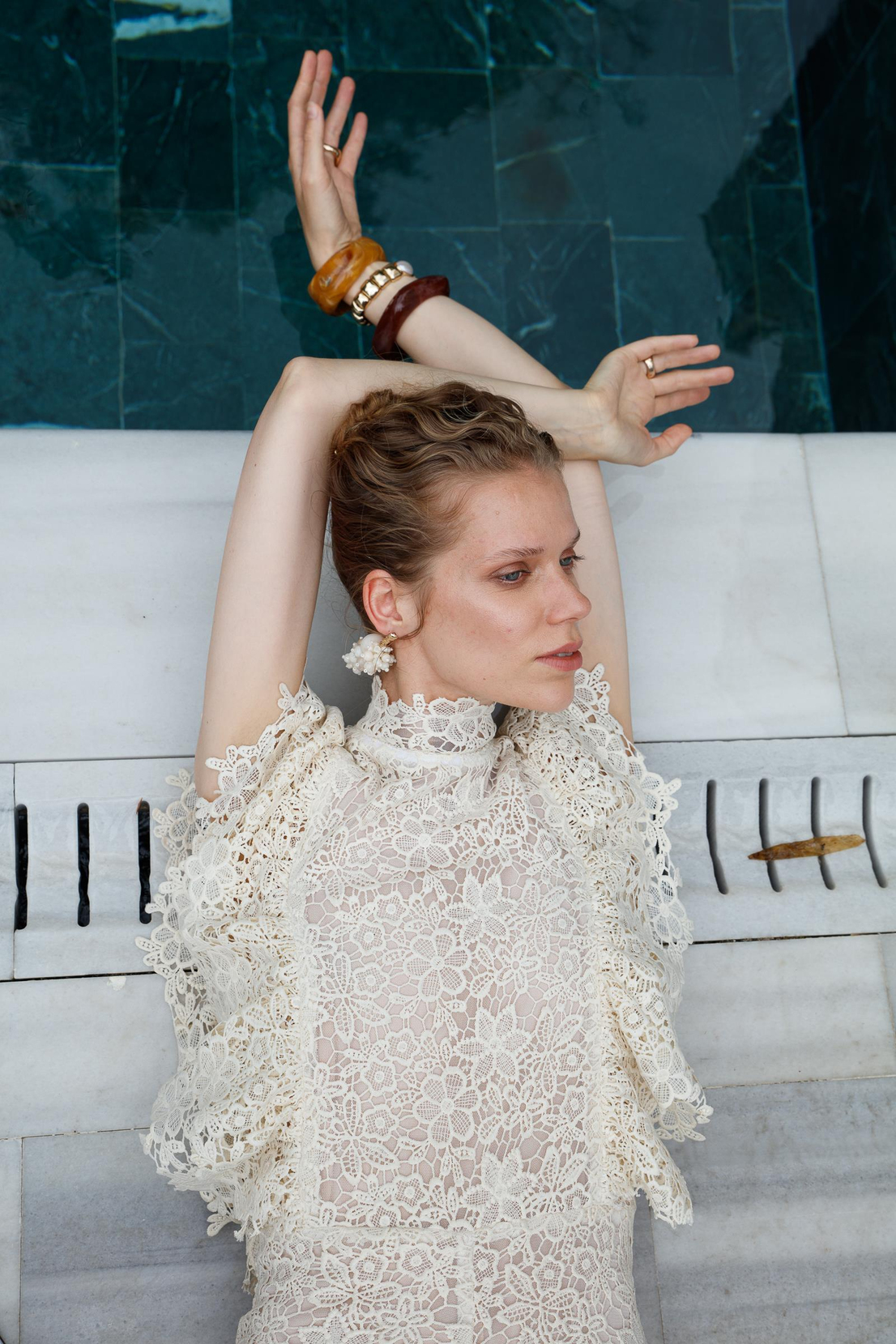 Maxi Lace Jumpsuit with Ruffle Shoulder LIGHT BEIGE