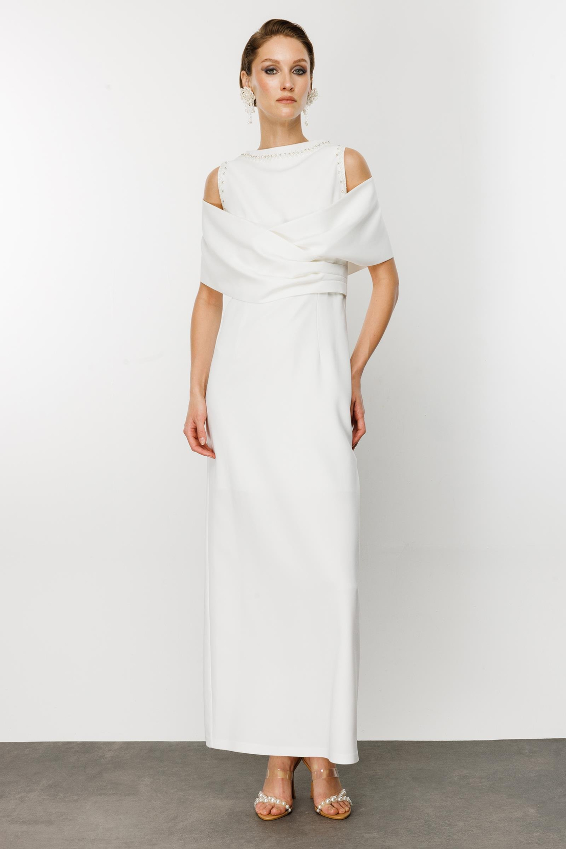 Omuzdan Kruvaze Şal Detaylı Elbise EKRU