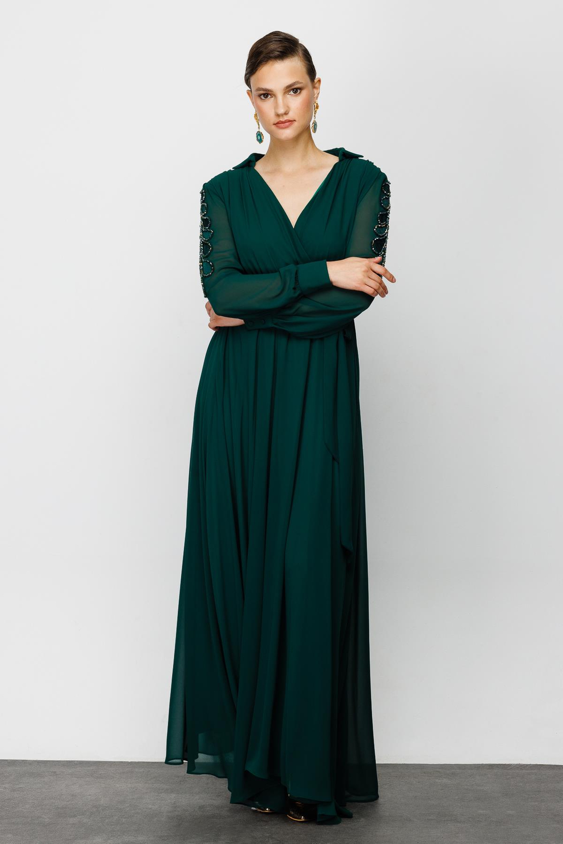 Omzu Taşlı Elbise YEŞİL