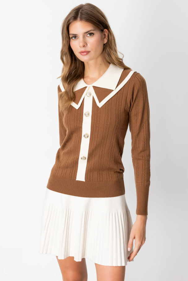 Önü Düğmeli Yakalı Triko Kazak MOCCA