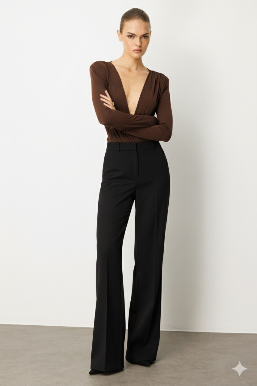 Örme İspanyol Paça Pantolon SİYAH