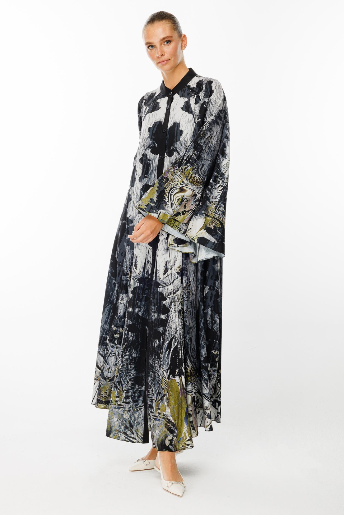 Oversiz Floral Desen Abaya OLİVE