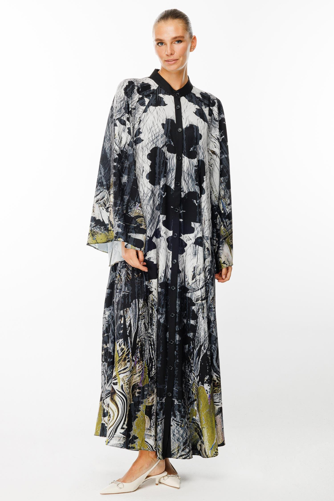 Oversiz Floral Desen Abaya OLİVE