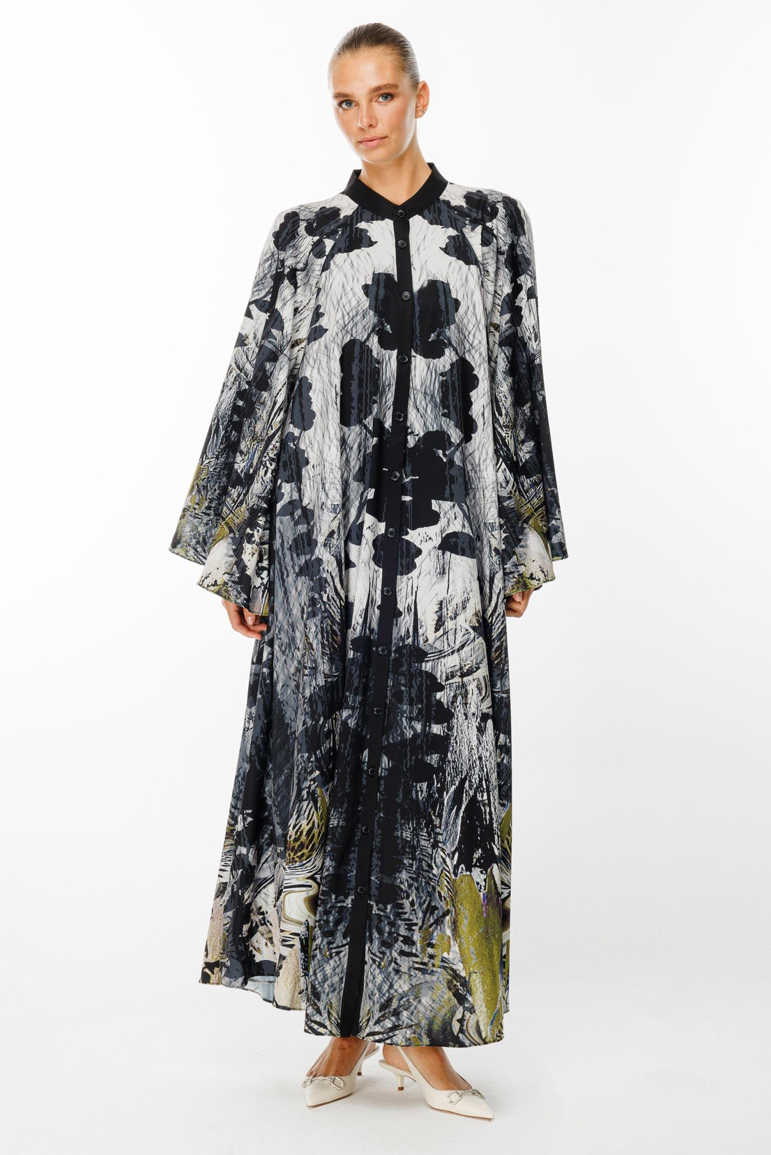 Oversiz Floral Desen Abaya OLİVE