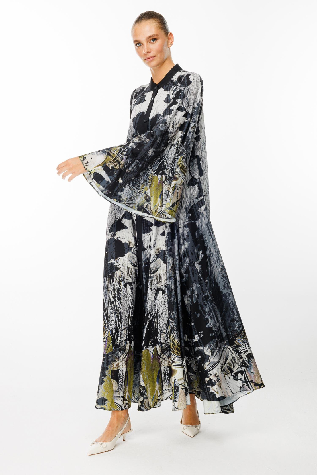 Oversiz Floral Desen Abaya OLİVE