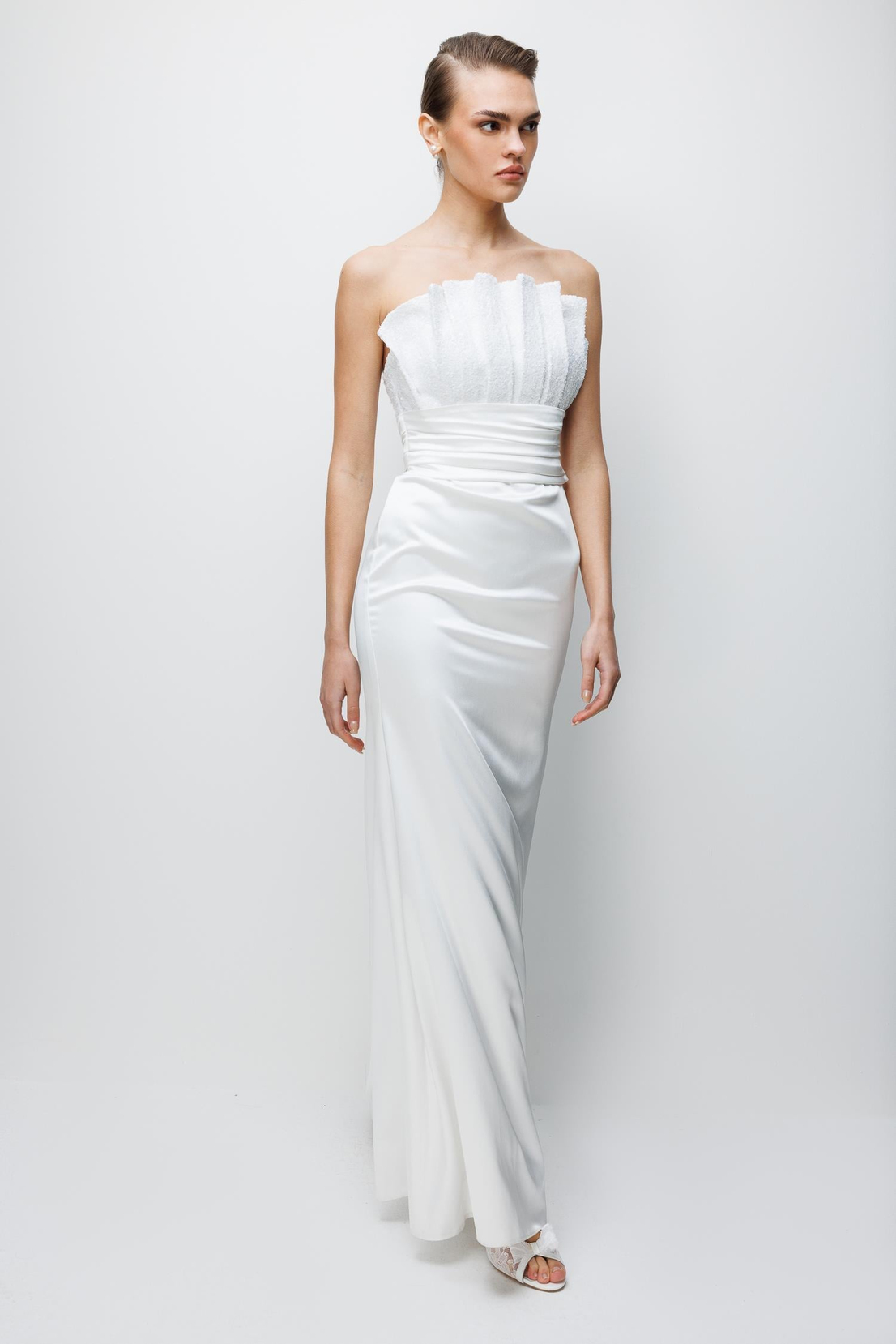 Payet İşleme Yaka Saten Elbise EKRU