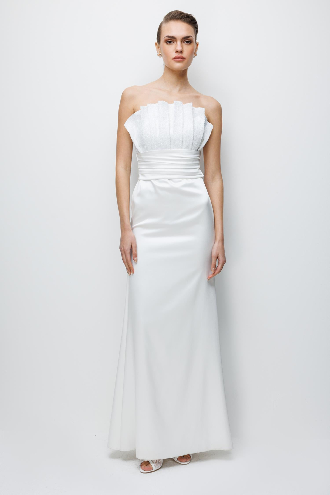 Payet İşleme Yaka Saten Elbise EKRU