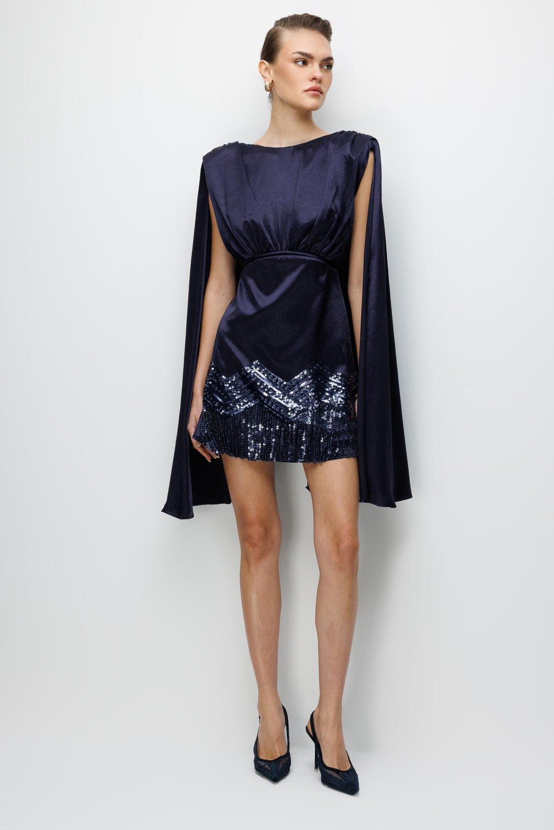 Pelerin Kol Etek Ucu İşlemeli Mini Elbise LACİVERT