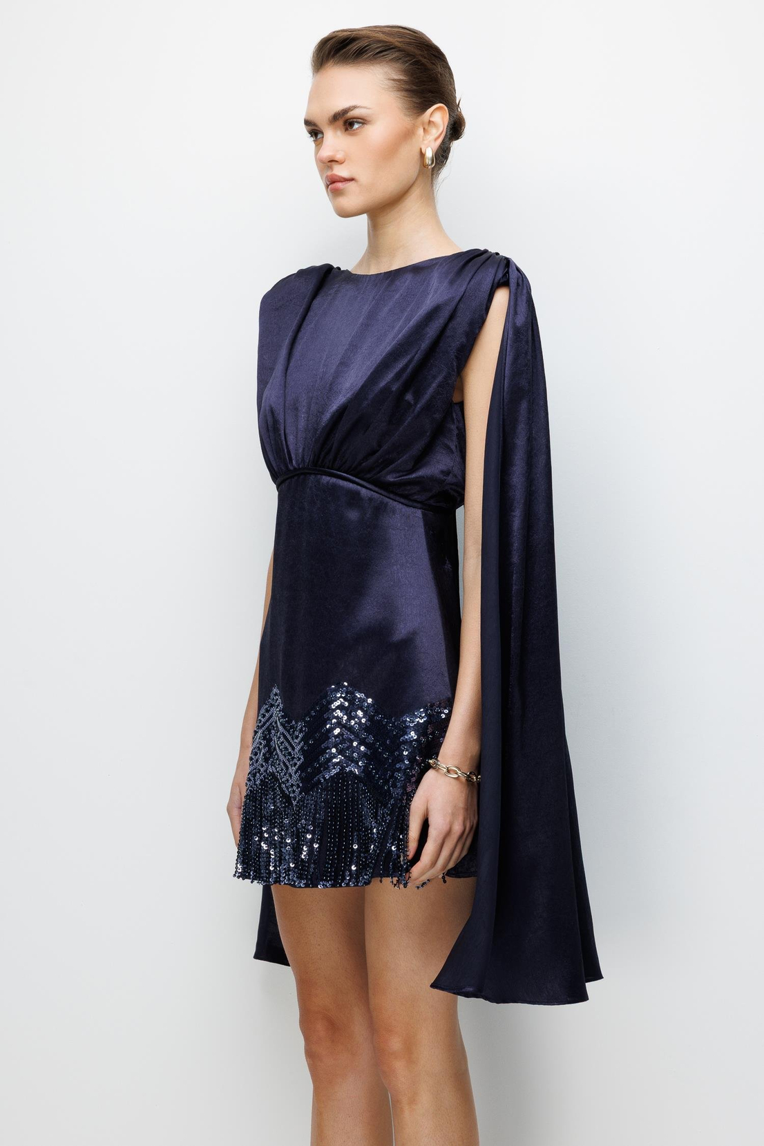 Pelerin Kol Etek Ucu İşlemeli Mini Elbise LACİVERT