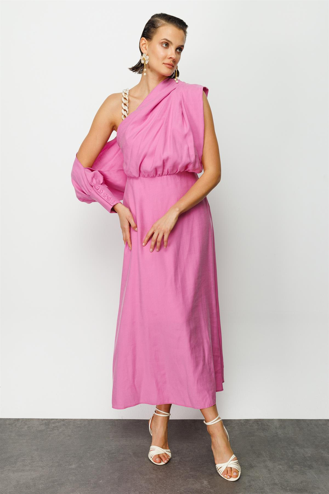 Pembe Kruvaze Model Sıfır Kol Elbise