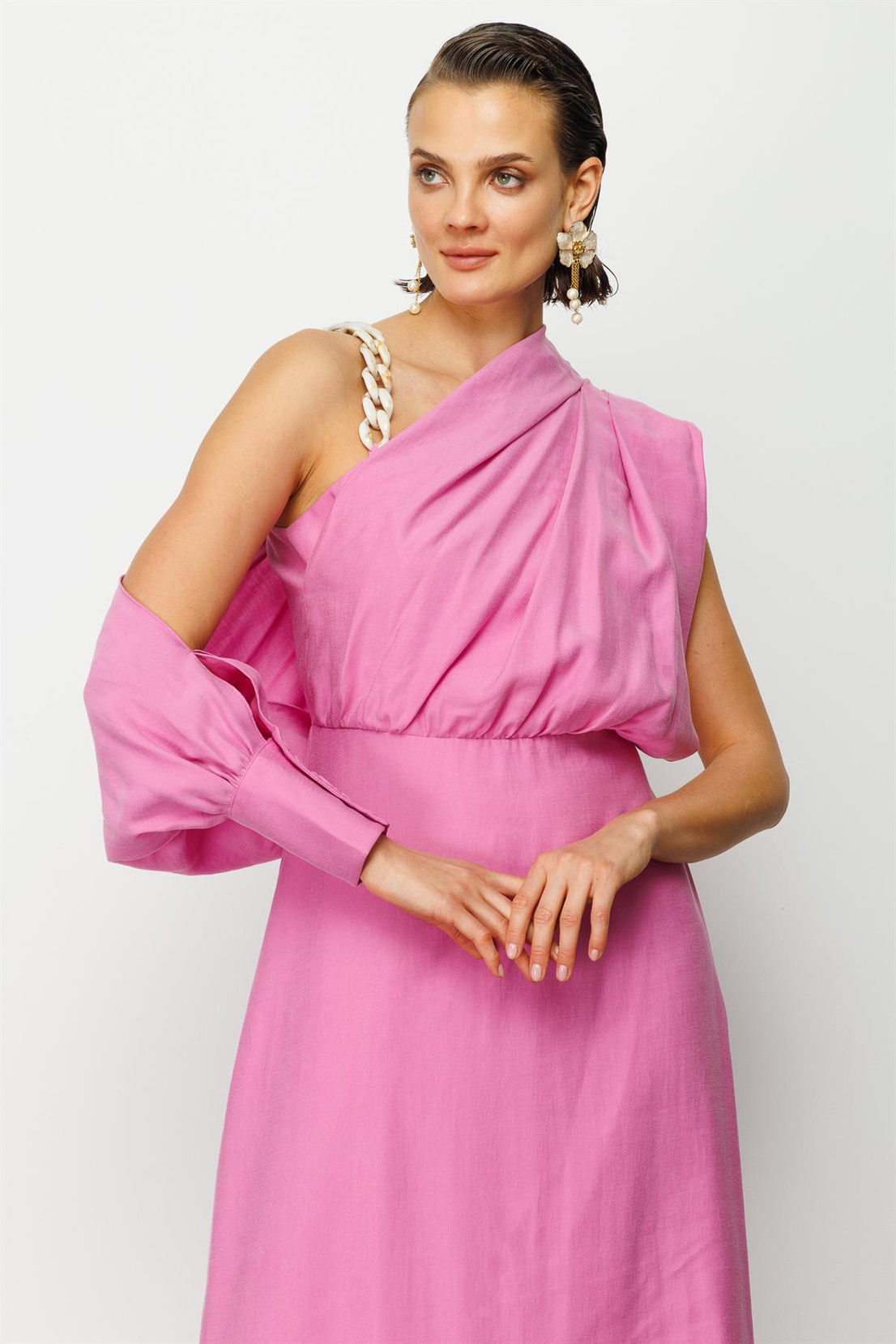 Pembe Kruvaze Model Sıfır Kol Elbise