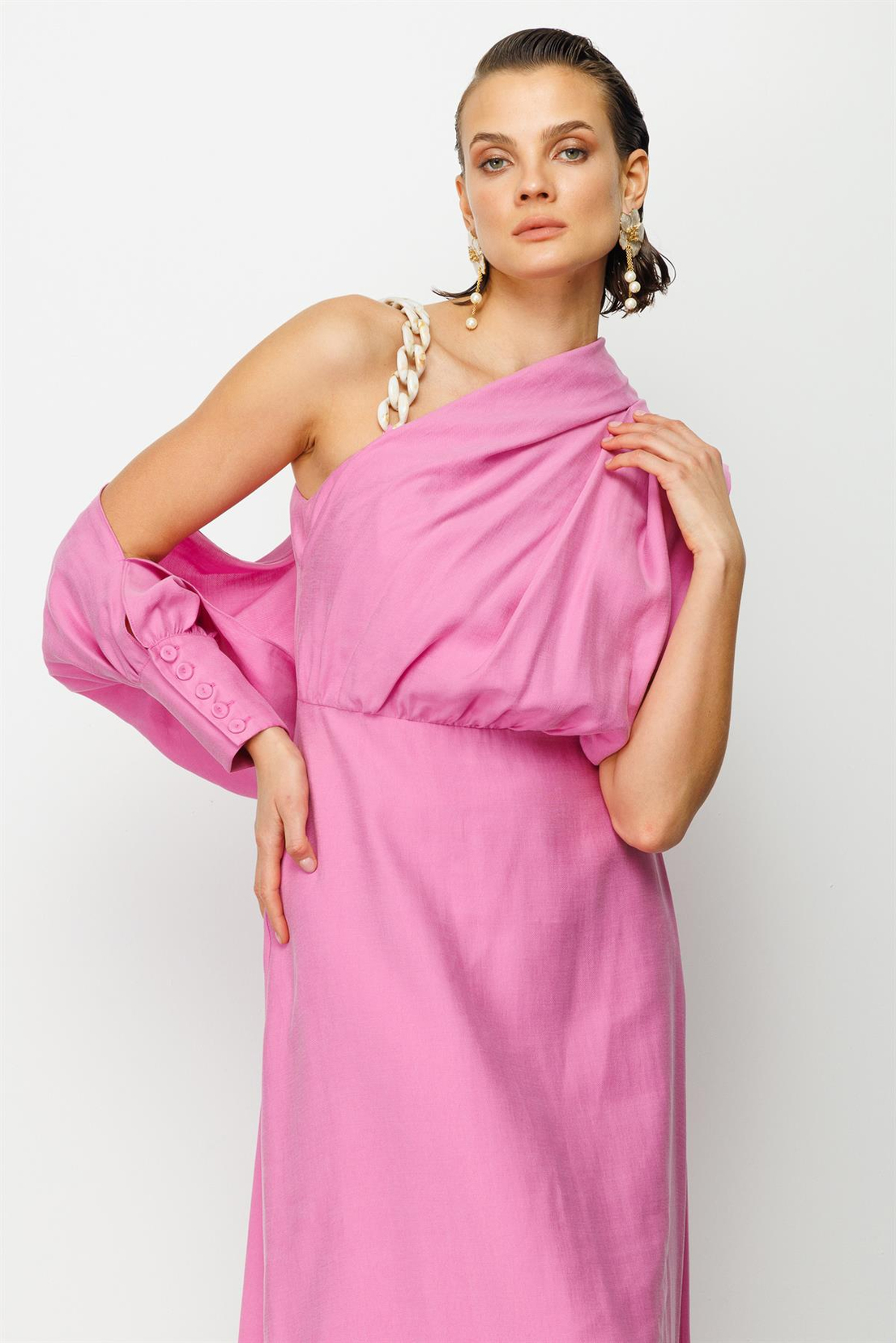 Pembe Kruvaze Model Sıfır Kol Elbise