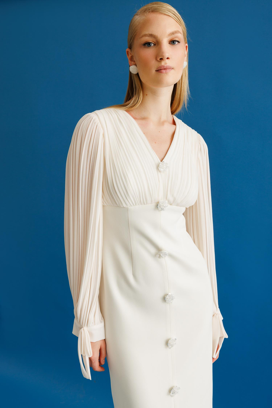 Pilise Detaylı İki Renkli Elbise EKRU