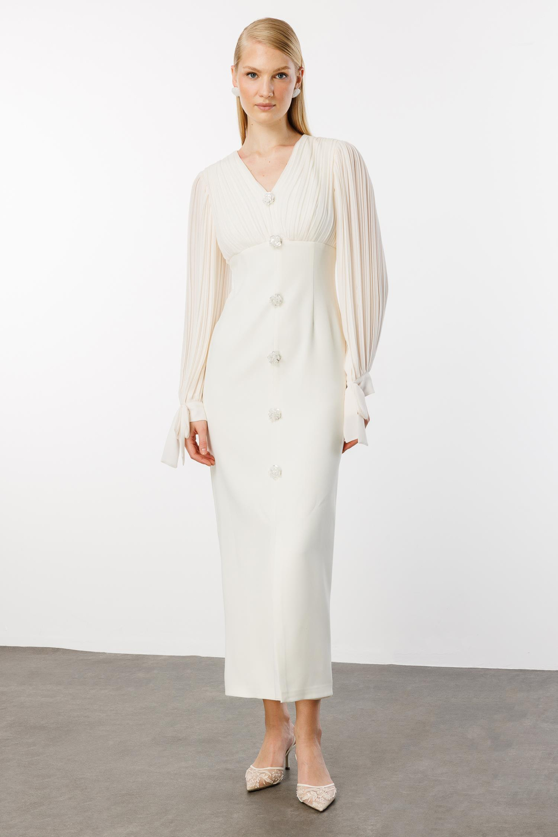 Pilise Detaylı İki Renkli Elbise EKRU