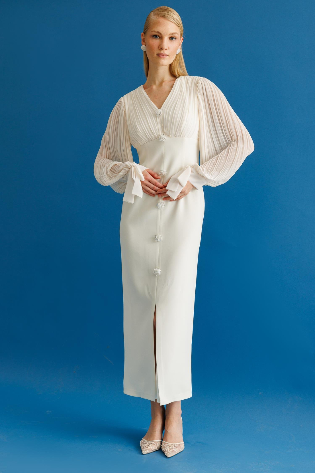 Pilise Detaylı İki Renkli Elbise EKRU