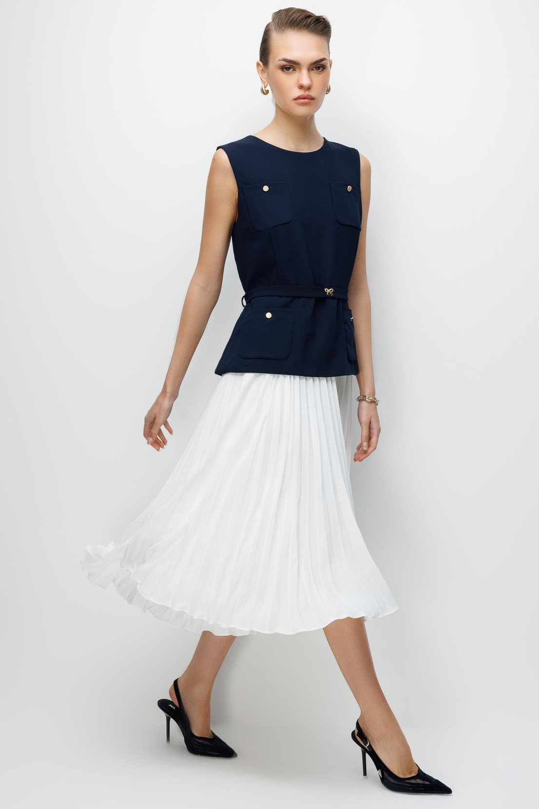 Pilise Etekli Krep Elbise LACİVERT