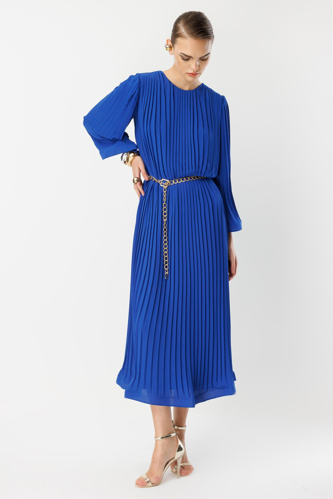 Nefeli Pleated Grainy Chain Belted Dress Blue