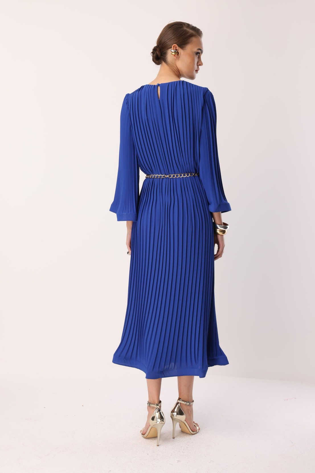 Nefeli Pleated Grainy Chain Belted Dress Blue