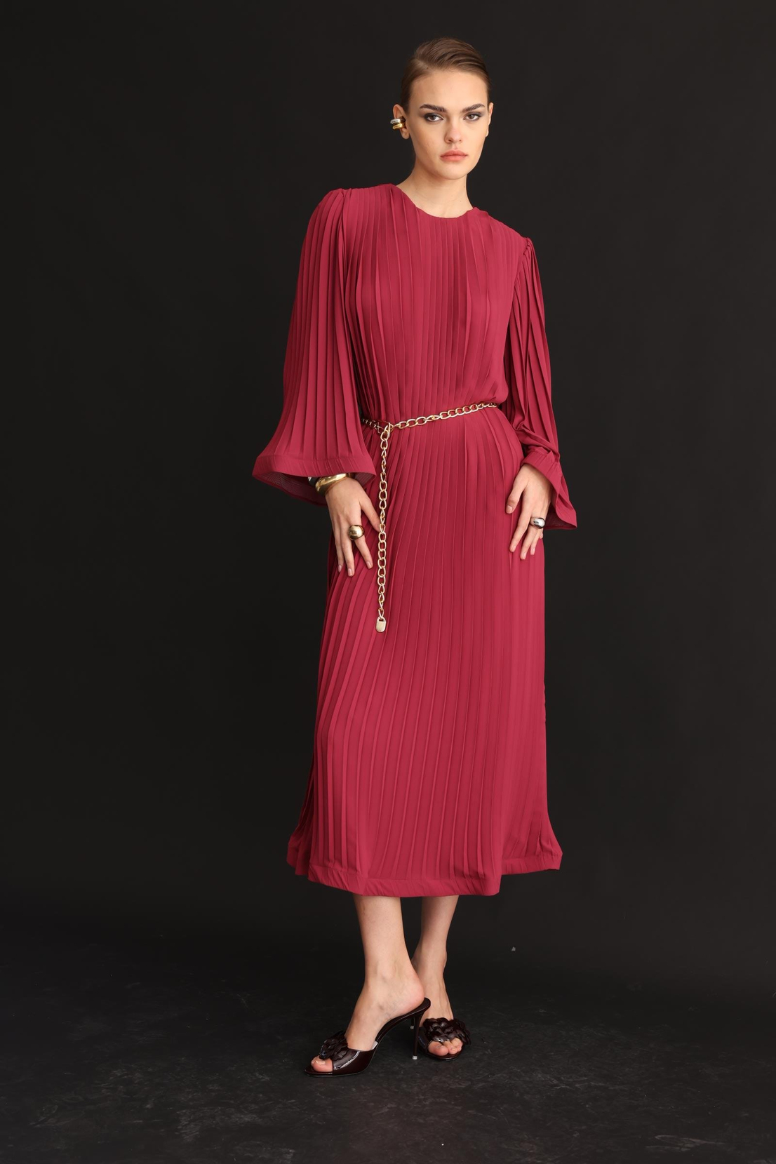 Piliseli Grenli Zincir Kemerli Elbise ROSE