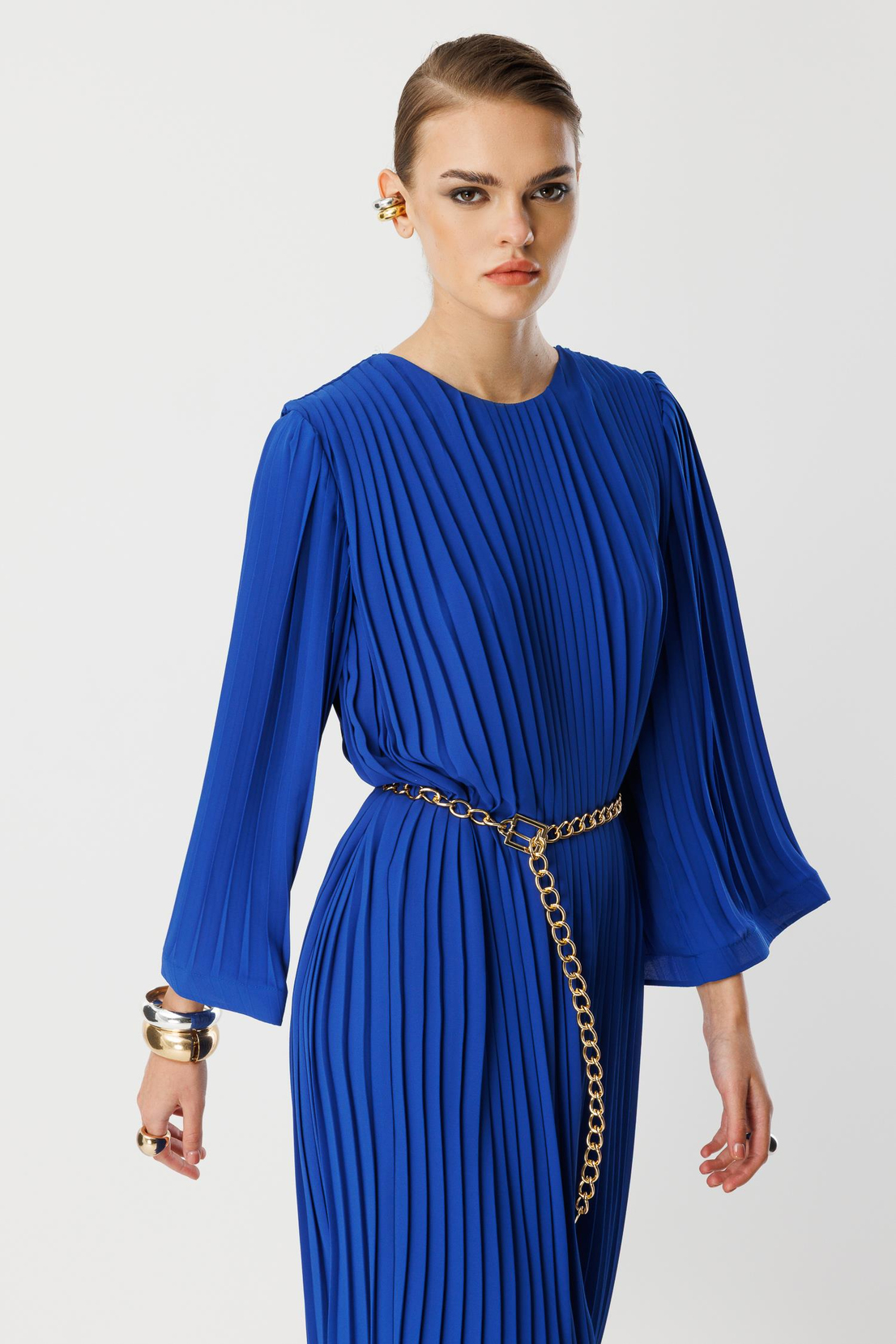 Nefeli Pleated Grainy Chain Belted Dress Blue