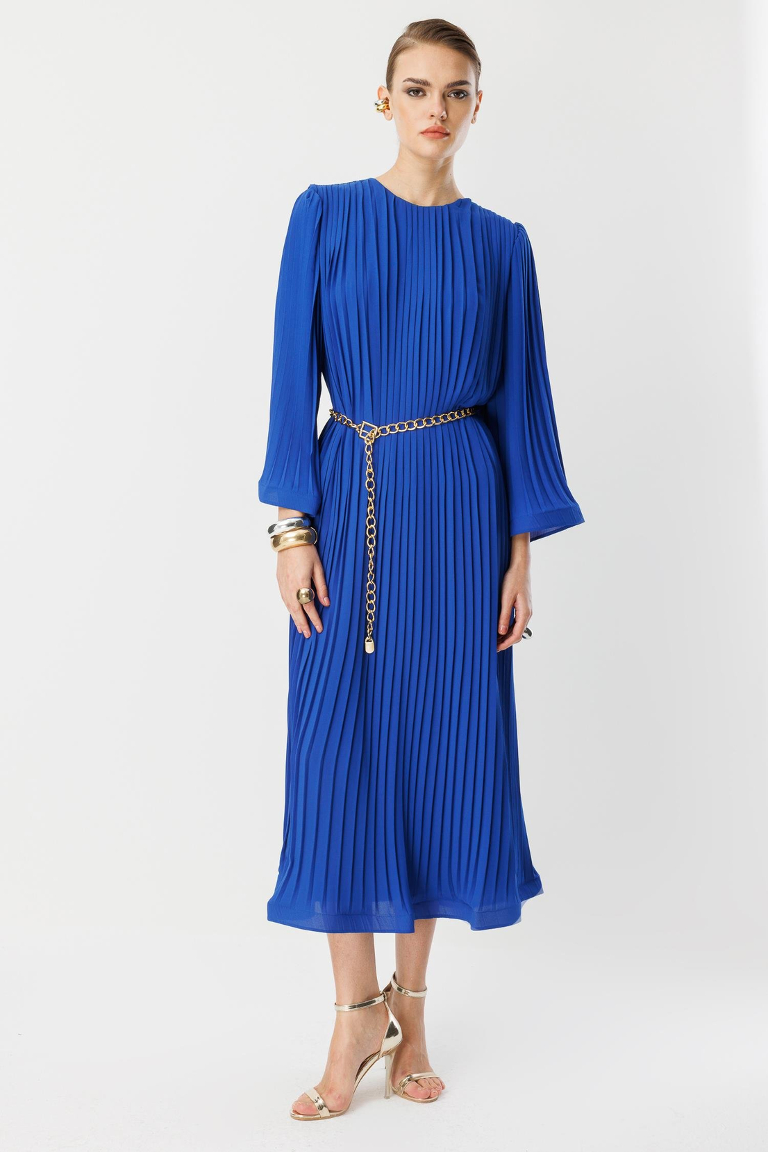 Nefeli Pleated Grainy Chain Belted Dress Blue
