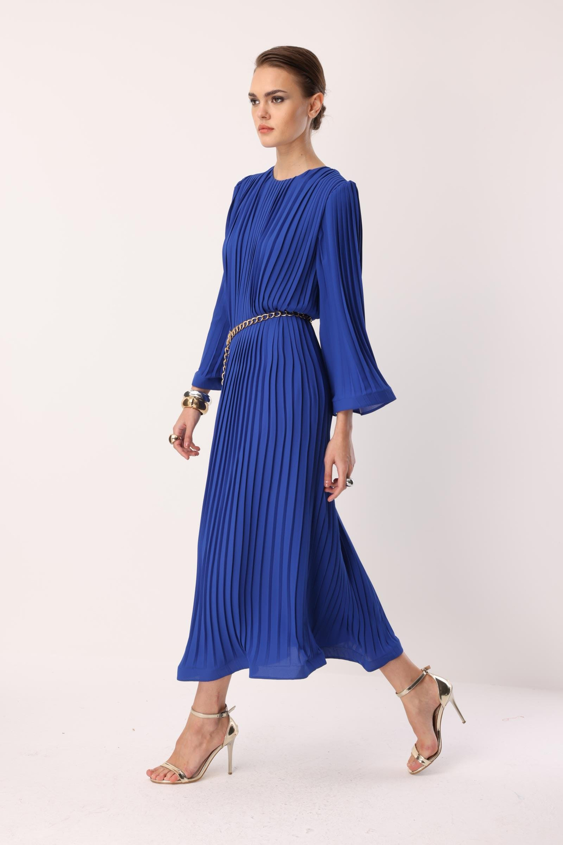 Nefeli Pleated Grainy Chain Belted Dress Blue