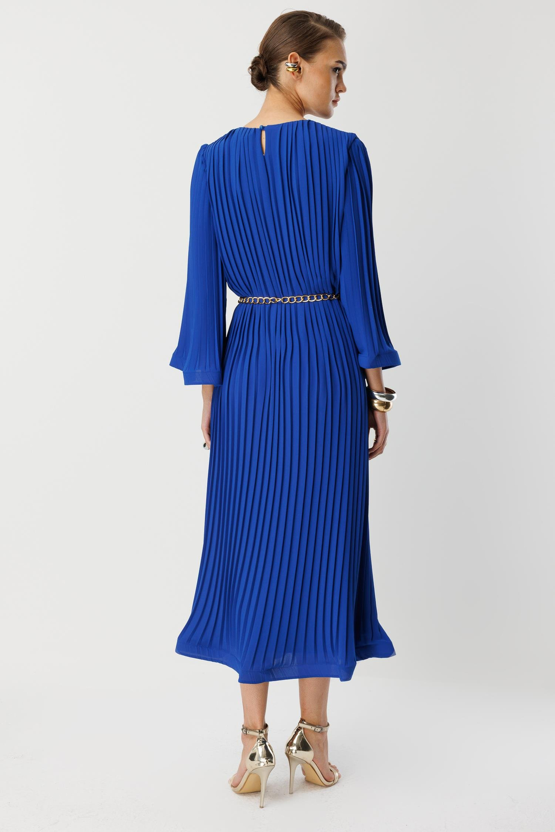 Nefeli Pleated Grainy Chain Belted Dress Blue