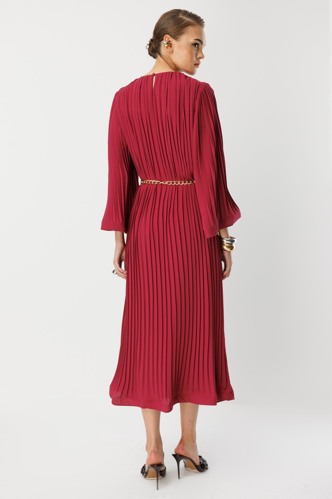 Piliseli Grenli Zincir Kemerli Elbise ROSE