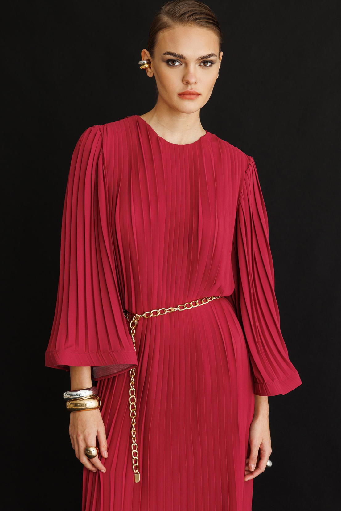 Piliseli Grenli Zincir Kemerli Elbise ROSE