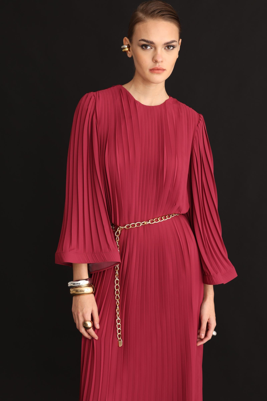 Piliseli Grenli Zincir Kemerli Elbise ROSE