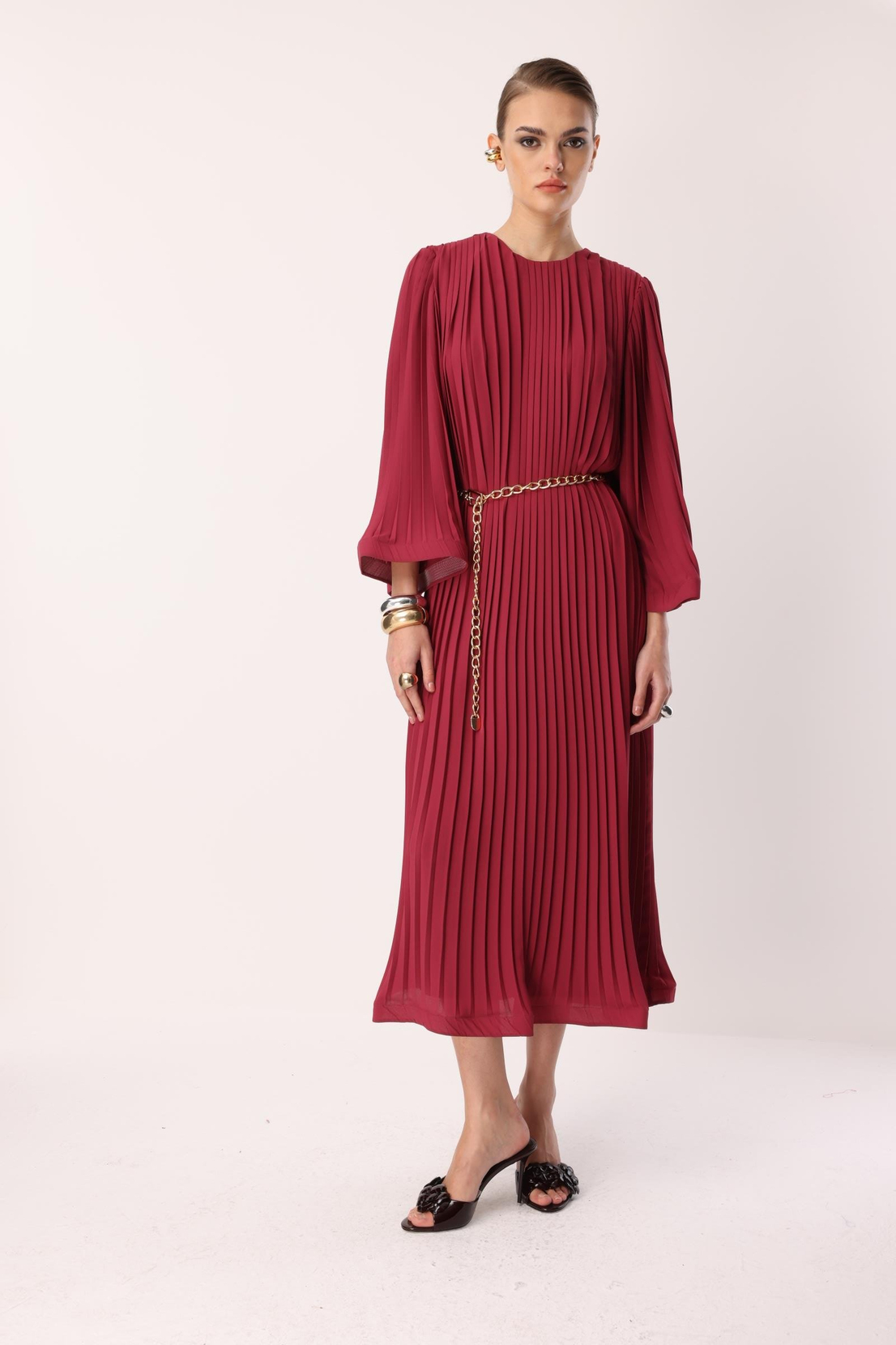 Piliseli Grenli Zincir Kemerli Elbise ROSE