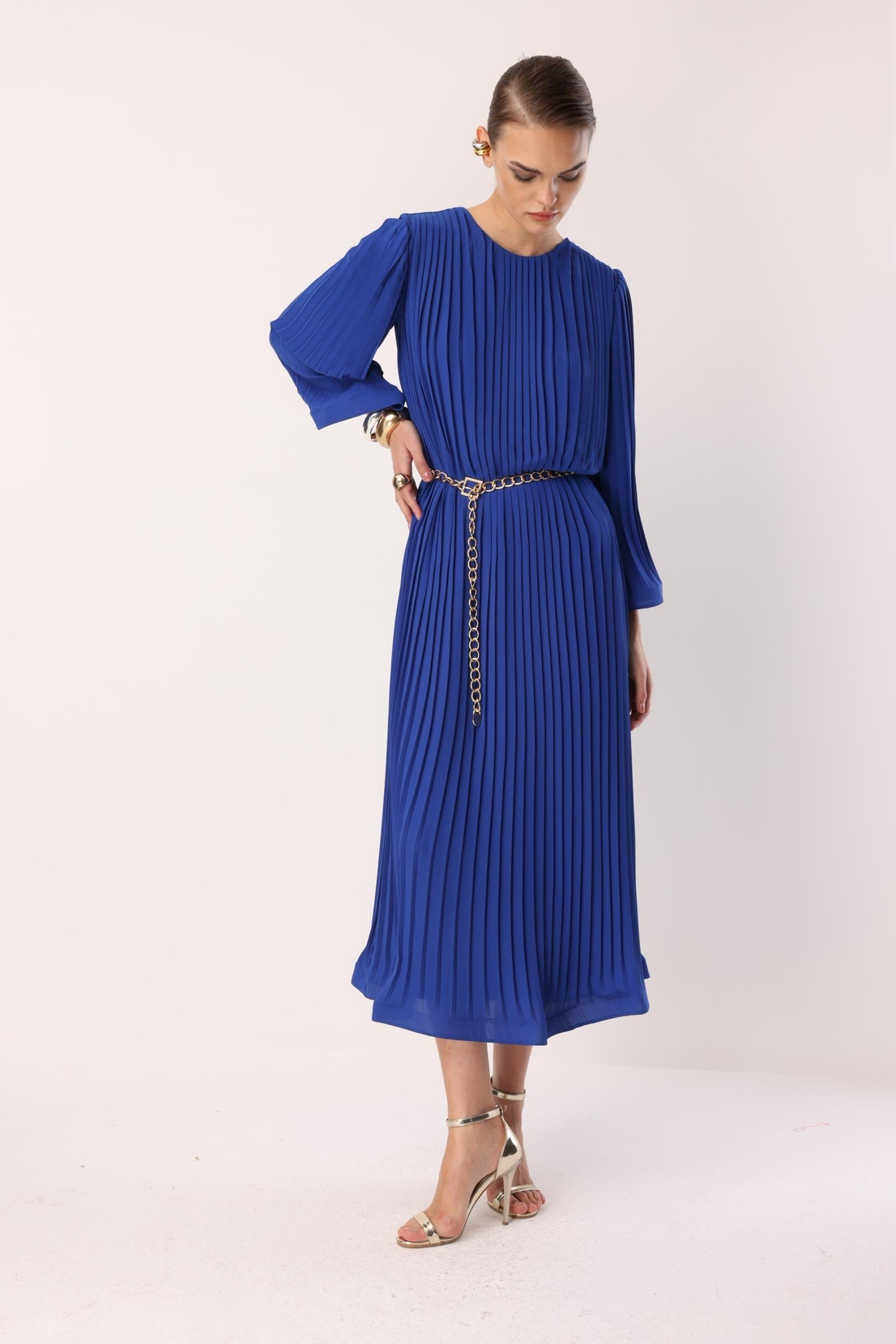 Nefeli Pleated Grainy Chain Belted Dress Blue