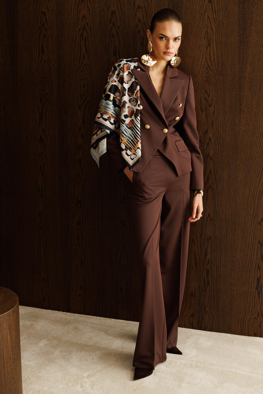 Şal Detaylı Örme Kruvaze Ceket KAHVE