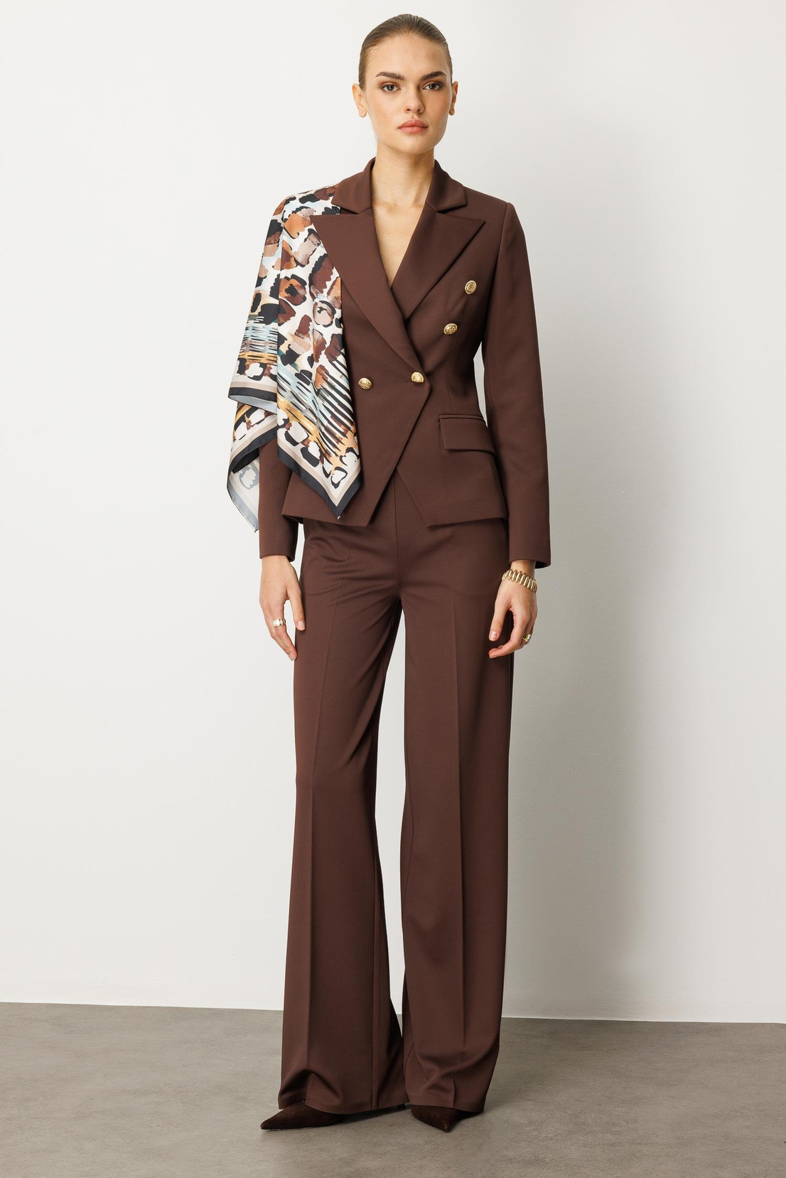 Şal Detaylı Örme Kruvaze Ceket KAHVE