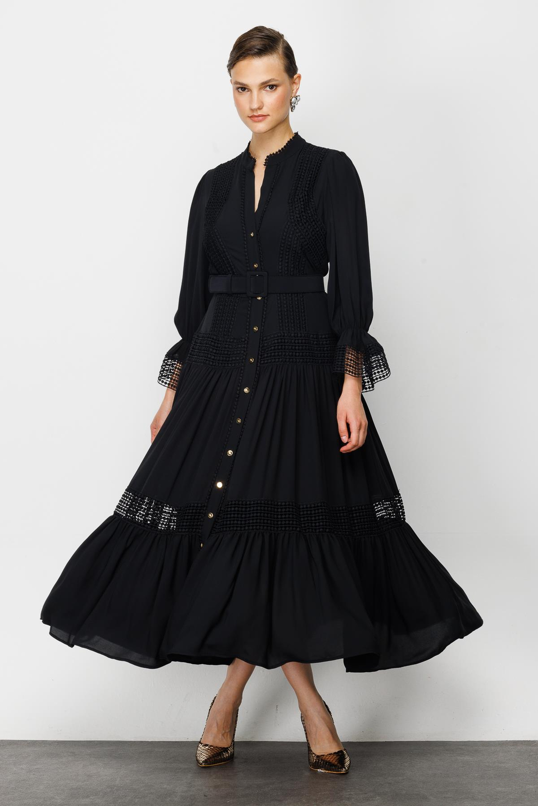 Şerit Dantelli Gömlek Elbise SİYAH