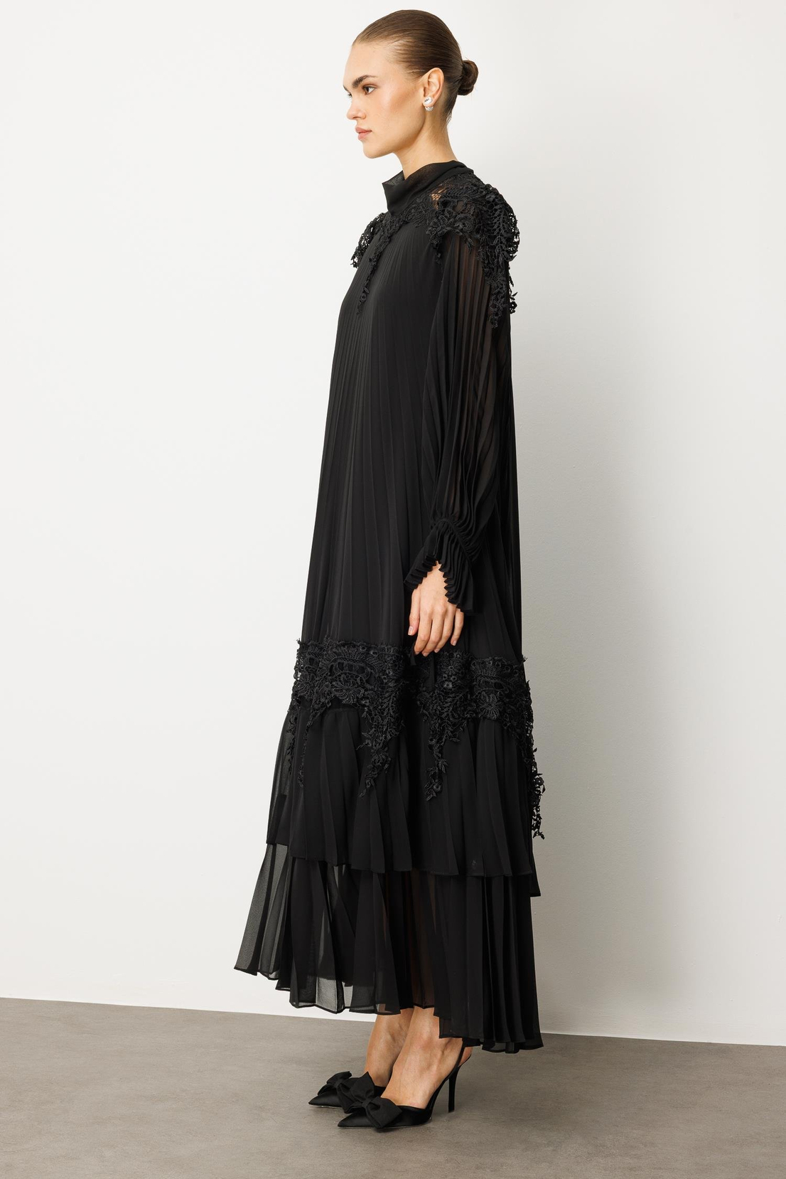 Şerit Dantelli Maxi Boy Soley Elbise SİYAH