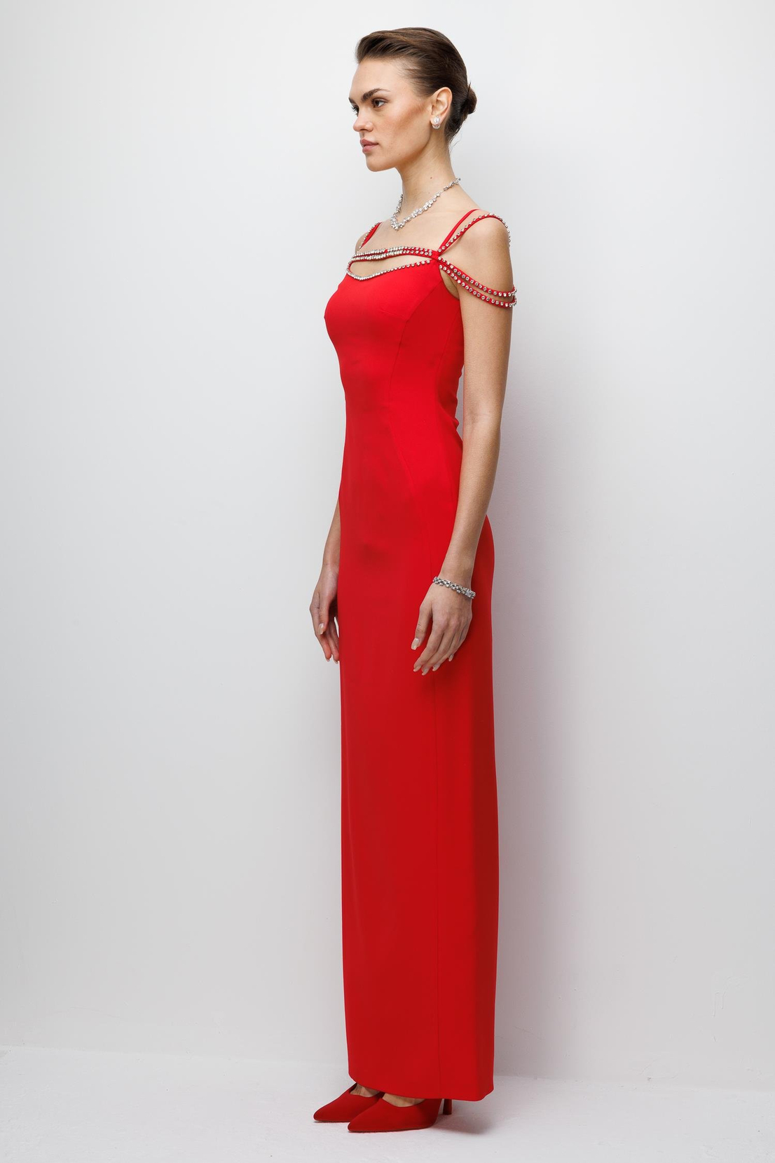 Şerit Taş Detaylı Maxi Boy Elbise KIRMIZI