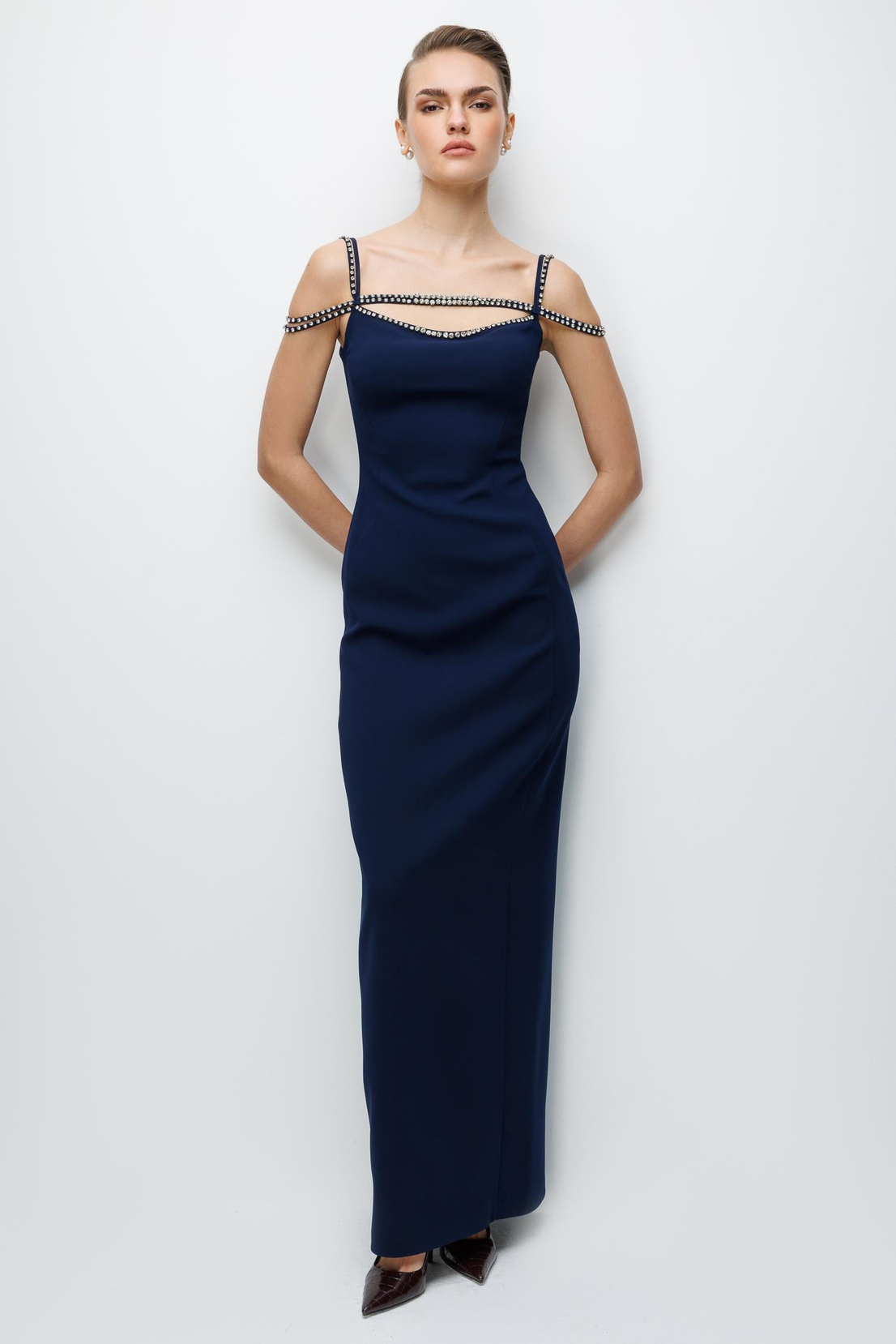 Şerit Taş Detaylı Maxi Boy Elbise SİYAH