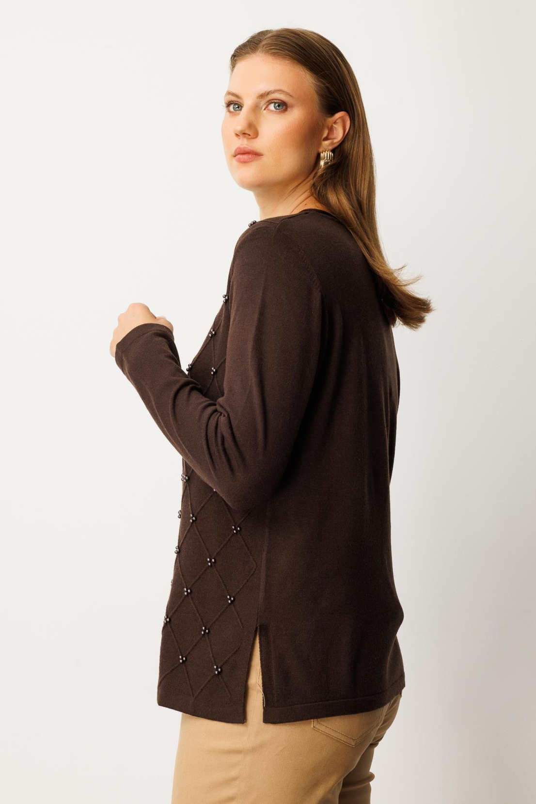 Sıfır Yaka Baklava Desenli Kazak KAHVE