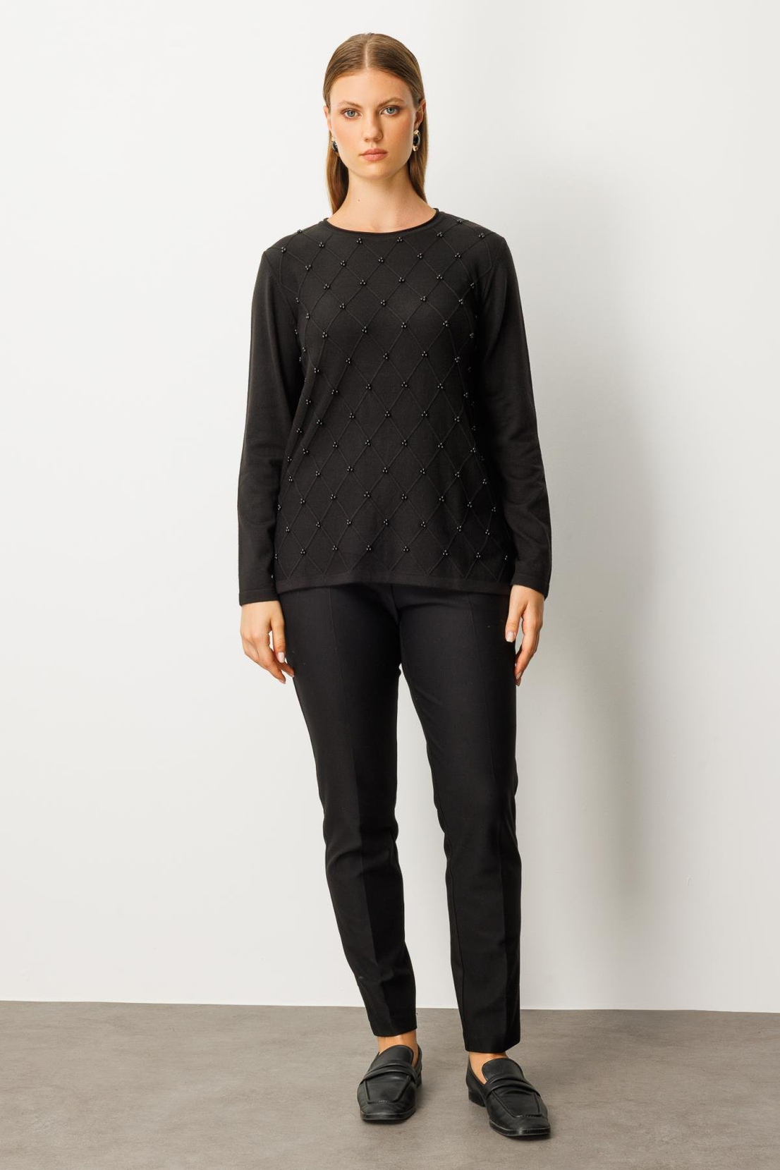 Sıfır Yaka Baklava Desenli Kazak SİYAH